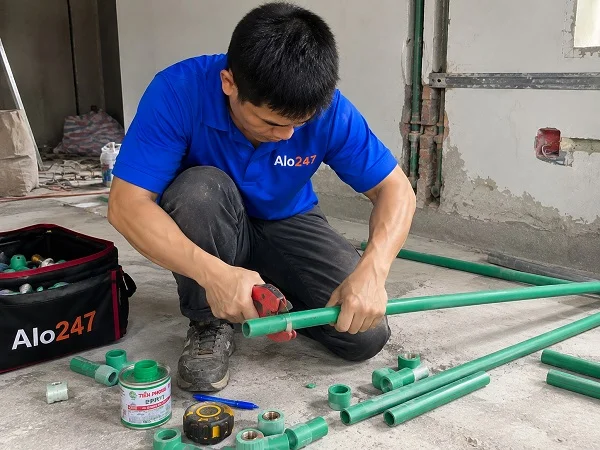 Thợ alo247 đang sửa ống nước tại Quang Minh