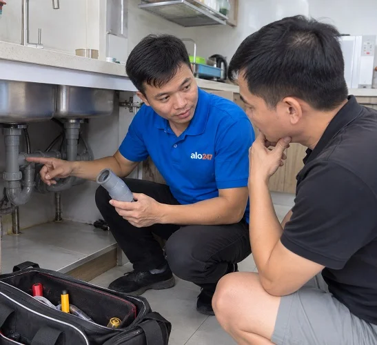 Thợ Alo247 đang tư vấn cho khách hàng phương án sửa chữa bồn rửa bát bị rò rỉ nước.