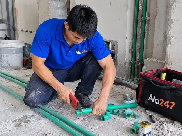 Thợ alo247 đang sửa ống nước tại Hà Đông