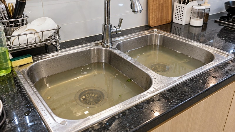 Bồn rửa bát bị tắc cần thông tắc đường ống thoát nước.