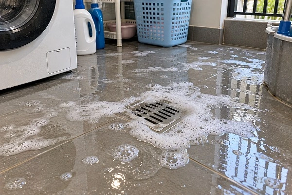 Phòng giặt ngập nước và bọt xà phòng do tắc cống