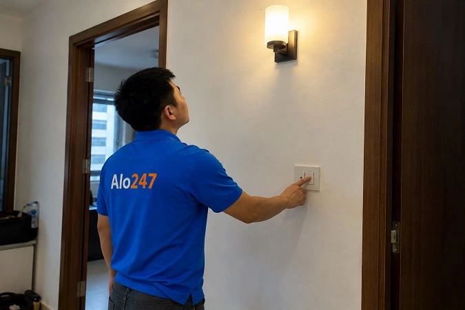 Thợ Alo247 kiểm lại thiết bị sau khi sửa chữa