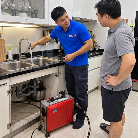 Thợ Alo247 kiểm tra khả năng thoát nước trước khi bàn giao