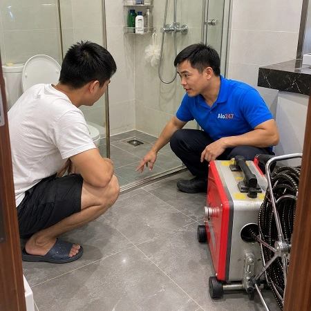Thợ Alo247 kiểm tra ống thoát nước trong phòng tắm