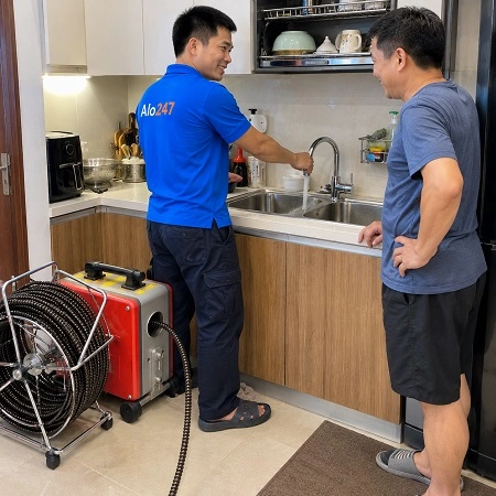Thợ alo247 kiểm tra khả năng thoát nước bồn rửa bát sau khi xử lý tắc