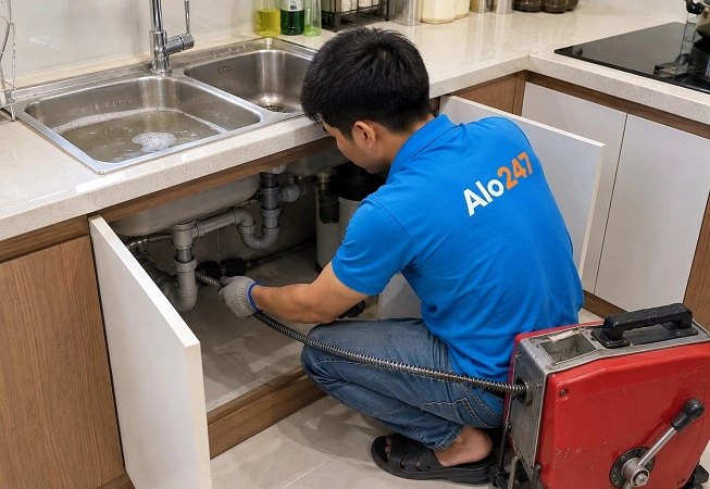 Thợ alo247 thông tắc cống bằng máy lò xo chuyên dụng tại Trần Cung