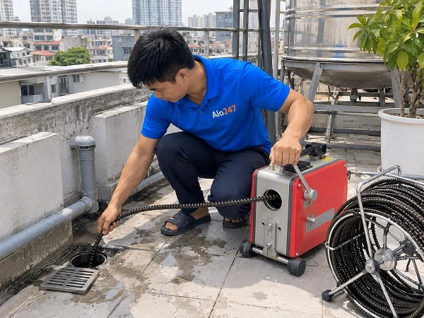 Thợ alo247 thông tắc cống bằng máy lò xo tại Đội Cấn