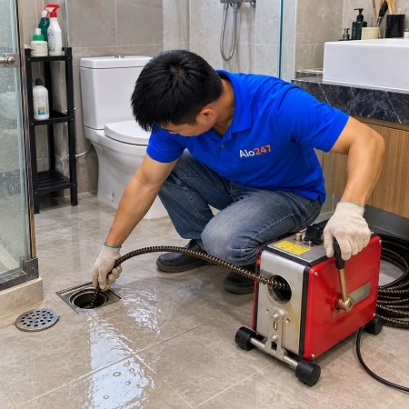 Thợ alo247 thông tắc cống bằng máy lò xo tại Phú Mỹ