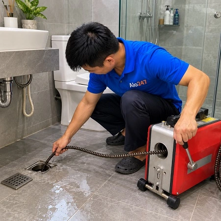 Thợ alo247 thông tắc cống bằng máy lò xo tại Phùng Khoang