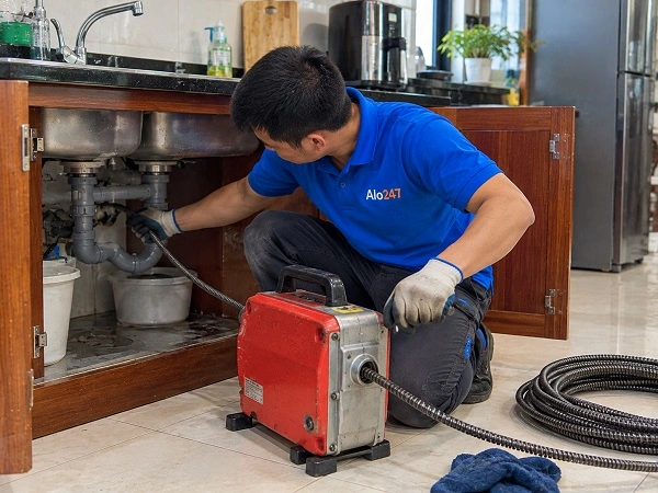 Thợ alo247 thông tắc cống bằng máy lò xo tại Văn Quán