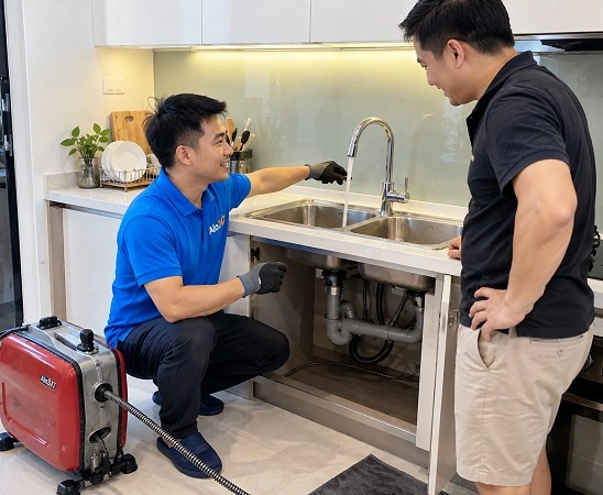 Thợ sửa ống nước của alo247 kiểm tra bồn rửa rửa bát sau khi xử lý tắc
